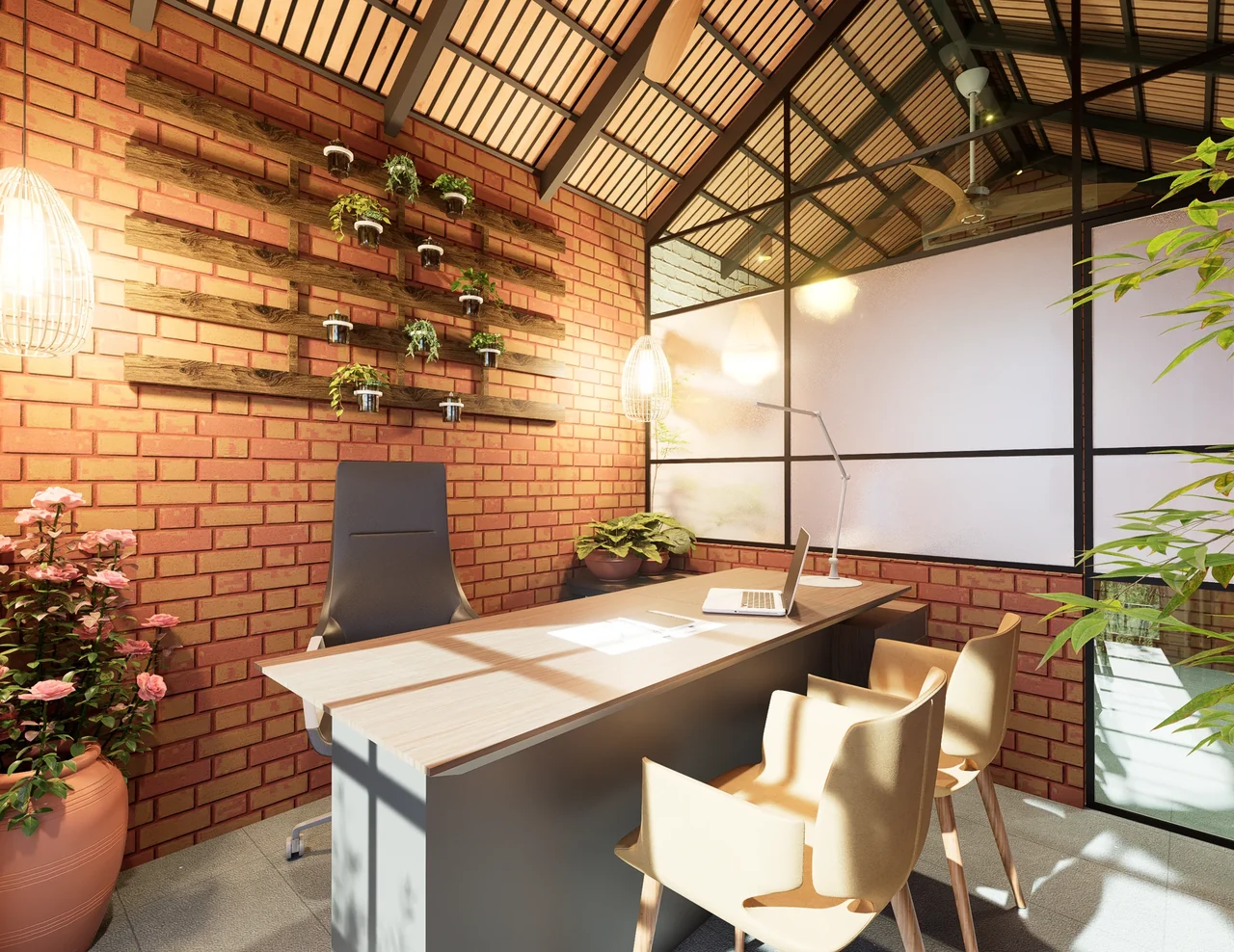 An office with natural character — Interior design visualization